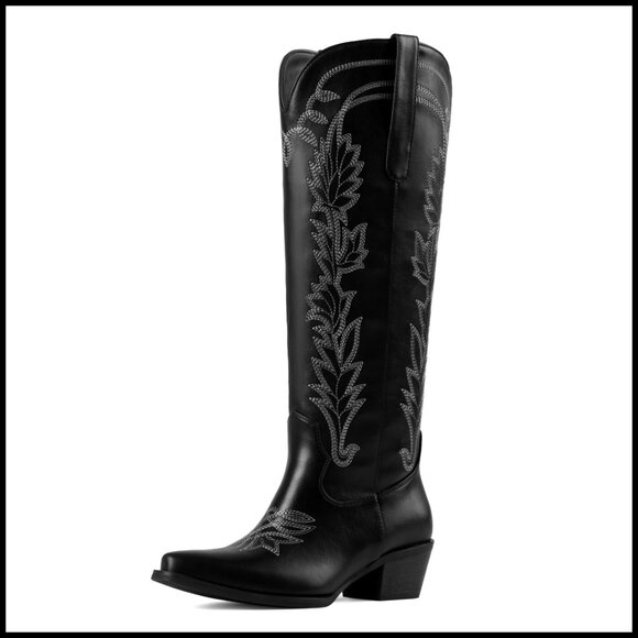 Knee High Cowboy Boots Pointed Toe Chunky Heel Western Embroidery Pull On